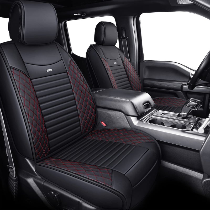 Aierxuan أغطية مقاعد أمامية لسيارة فورد F150 من Aierxuan 2009-2026 شاحنة بيك أب سوبر كرو العادية والكبيرة مقاومة للماء جلدية لحماية المقاعد تناسب مخصص لـ 2017-2026 F250 F350 F450 (2 قطعة أمامية، أسود-أحمر) - Image 2